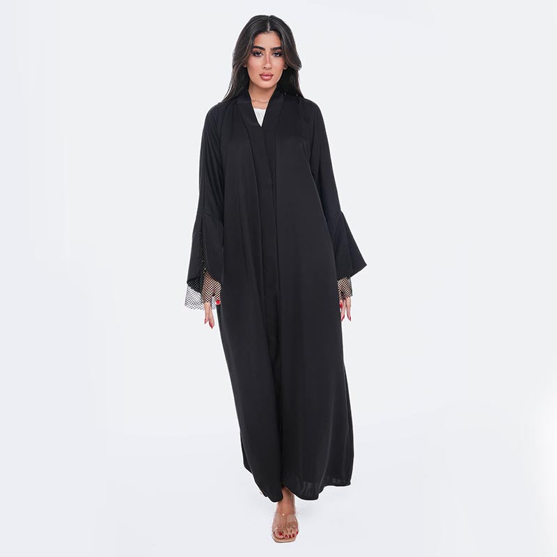 Sophisticated Mesh Sleeve Abaya - Black -